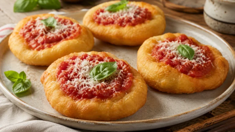 Montanara napoletana fritta con pomodoro, formaggio grattugiato e basilico